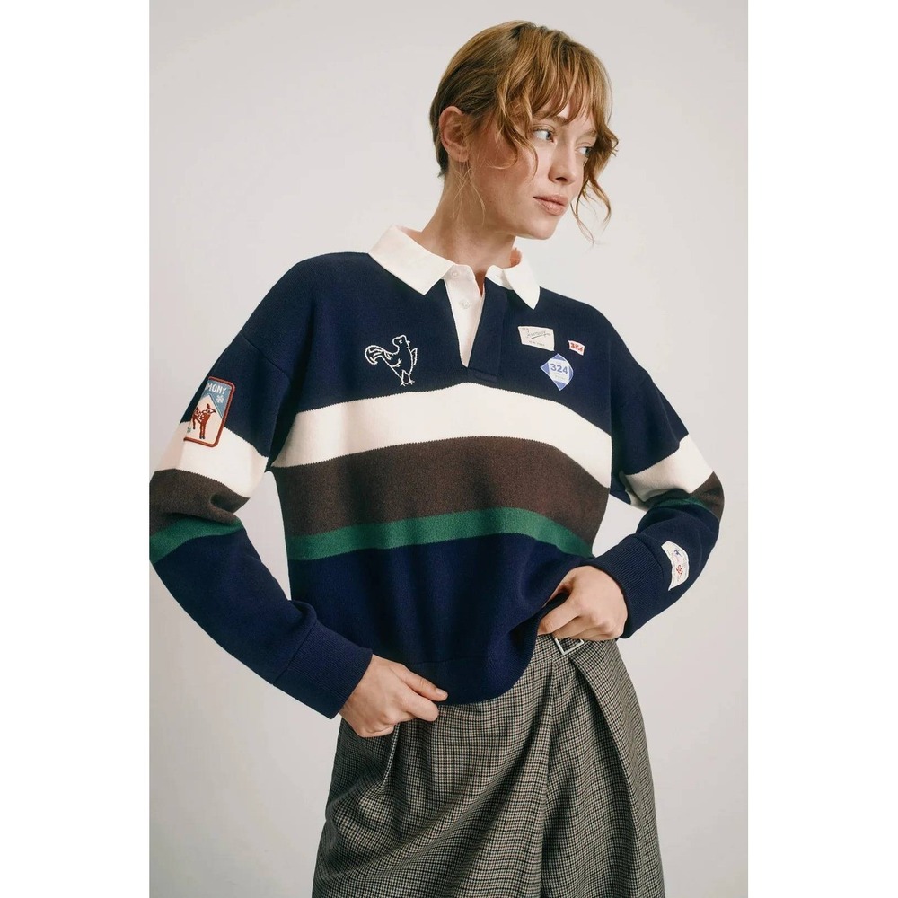 Sea New York Arther Varsity Knit Rugby Shirt Navy Striped Embroidered Patch Sz S